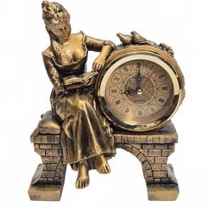 Vtg Style Lady Sitting on Bench Reading MANTLE SHELF QUARTZ CLOCK  10" High